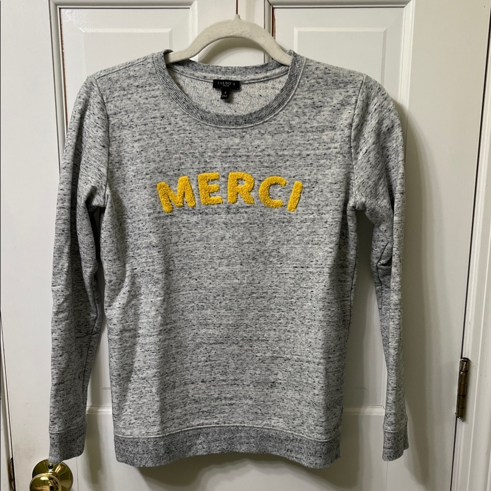 Talbots petite Gray Sweater with Yellow 'MERCI' Detail